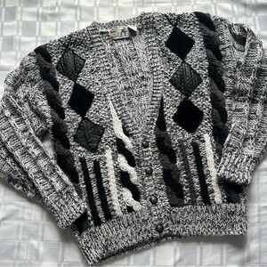 Nino Foriero Chunky Marled Black & White Cardigan Sweater with Leather Patches